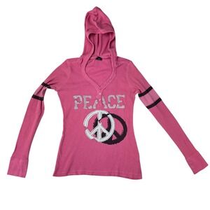 Vanity‎ Thermal Hoodie Womens Medium Pink Peace Graphic Slim Waffle Knit Cotton